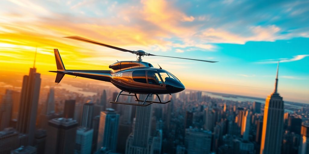 Helicopter flies over NYC skyline at sunset.