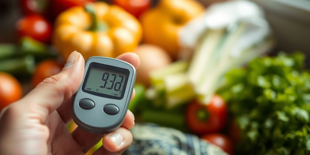 Person checking blood sugar, healthy food.