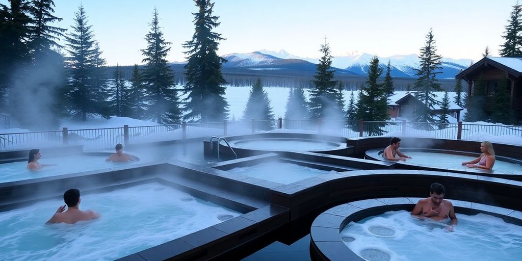 Outdoor hydrotherapy pools at a snowy Alaskan mountain resort spa.