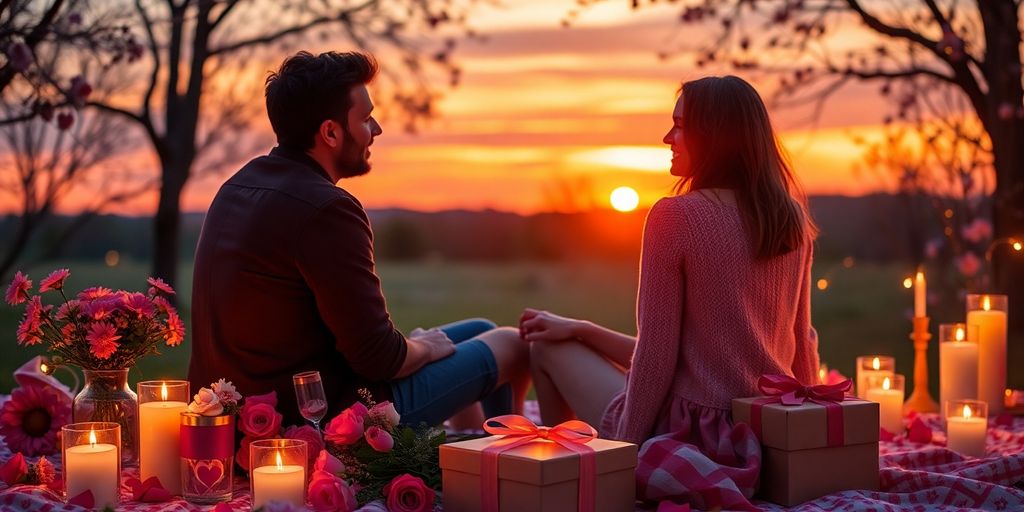 Couple enjoying a romantic sunset picnic for Valentine's Day.