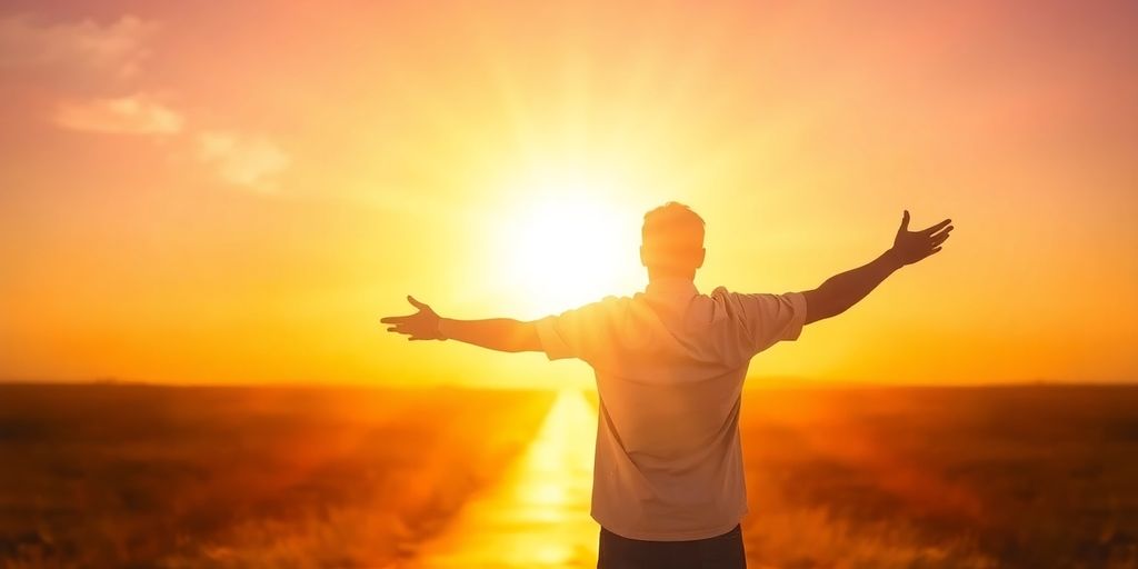 Person reaching for vibrant sunrise.