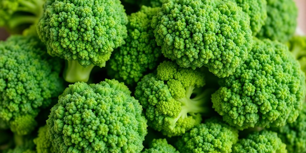 Close-up of fresh green broccoli florets on a table.