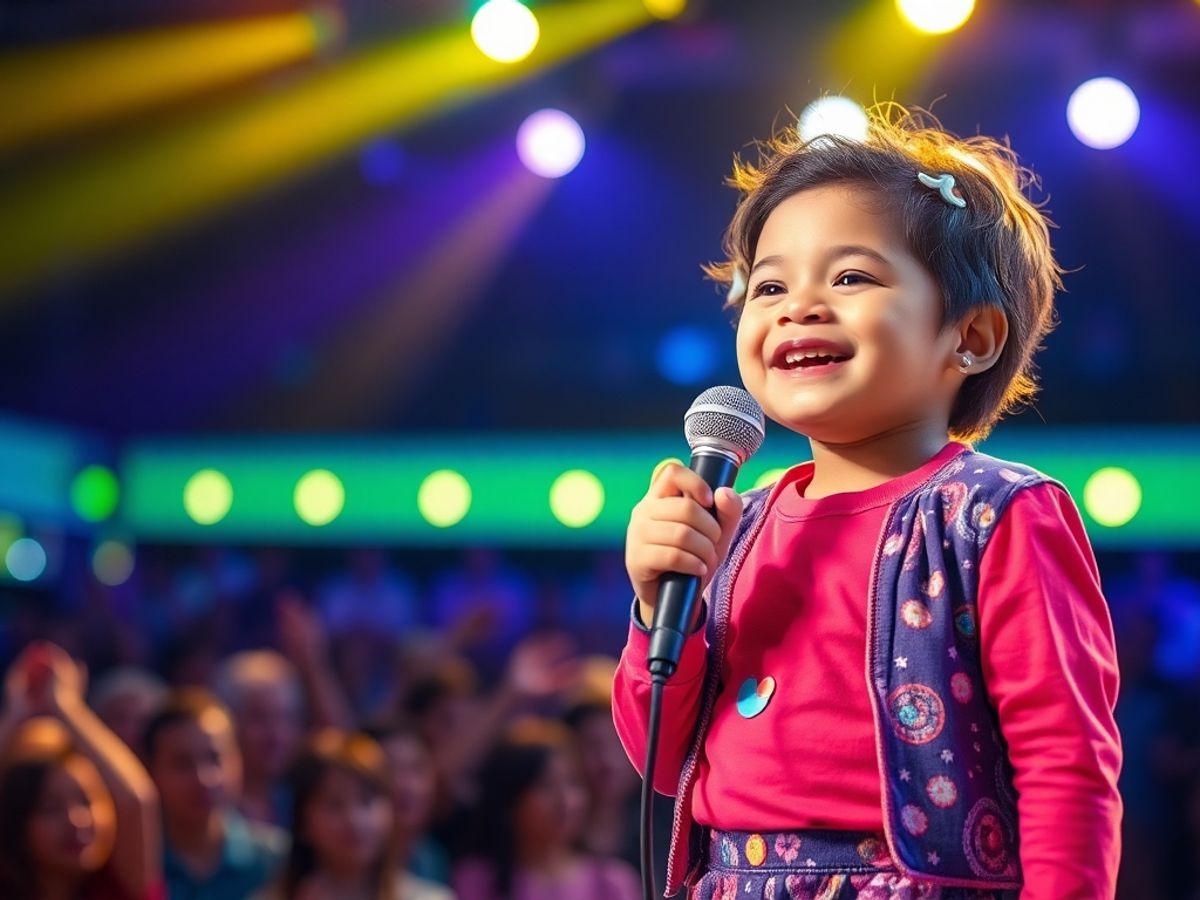 Copil talentat pe scenă cu microfon.