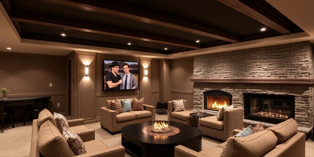 Luxurious finished basement living space with fireplace.