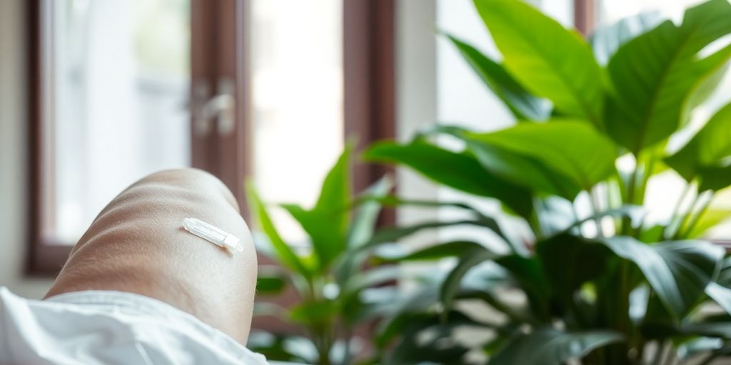 Person receiving IV drip, relaxing in a tropical setting.