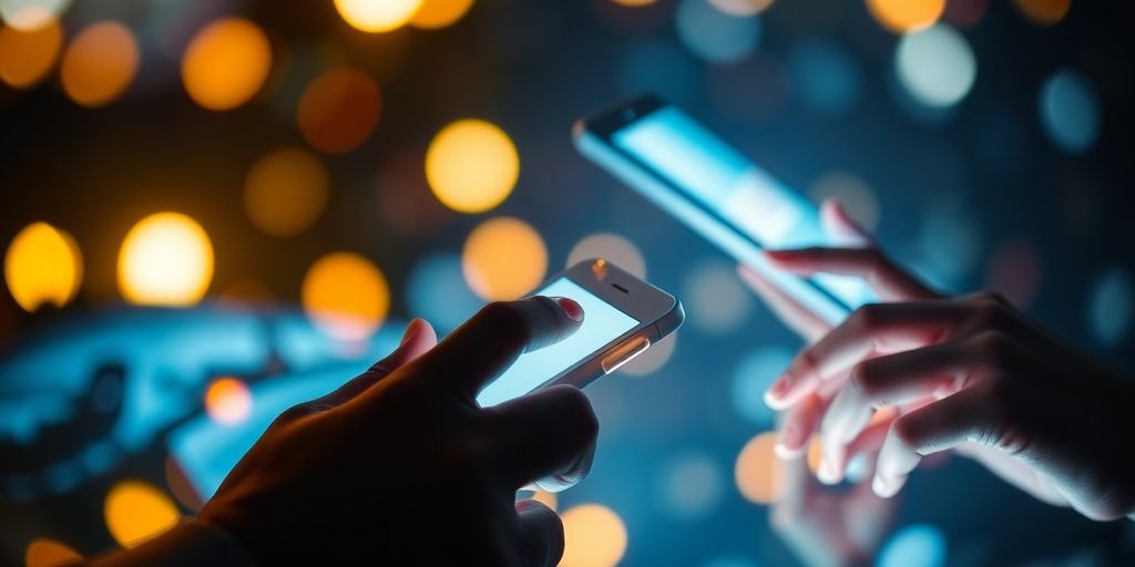 Person interacting with digital devices for social media.