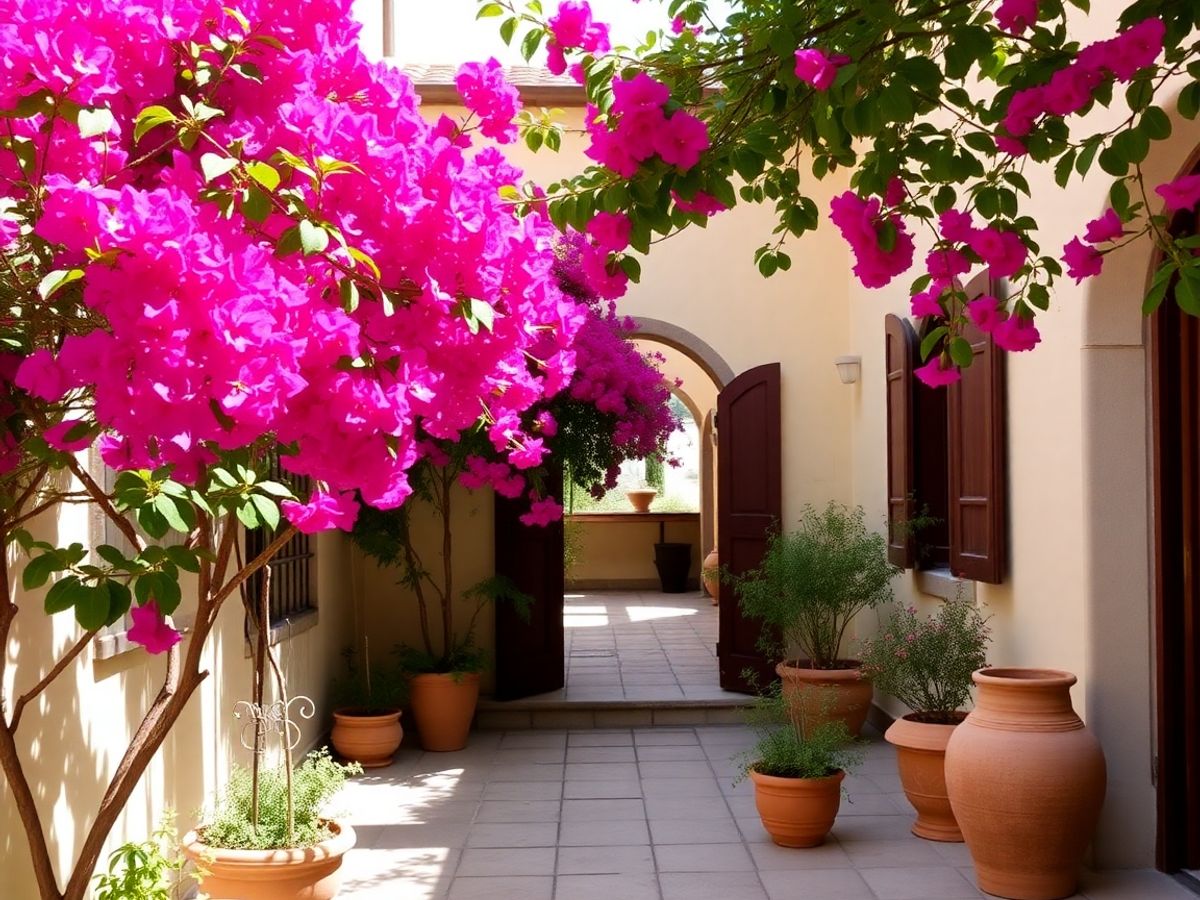 A sunlit villa courtyard with vibrant bougainvillea.
