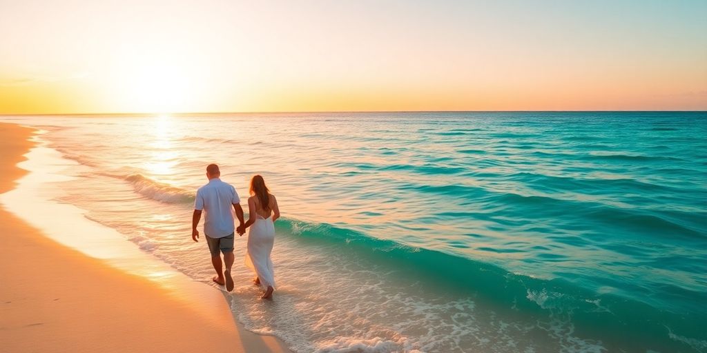 Couple embracing on a tropical beach at sunset.