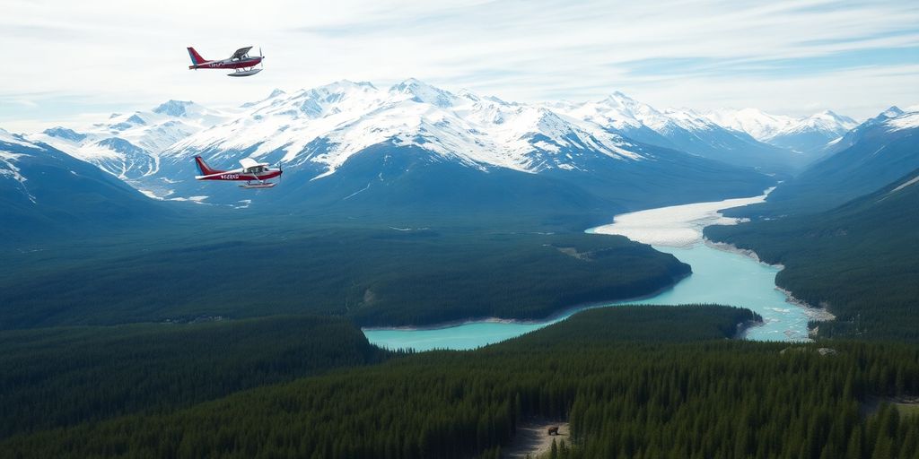 Small plane flying over majestic Alaskan mountains and glacial river.