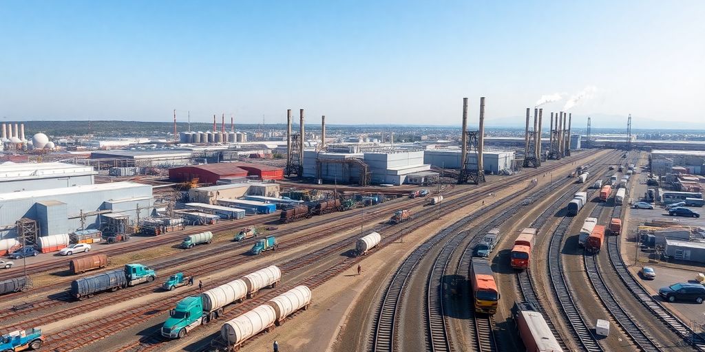 Industrial complex, bustling activity.