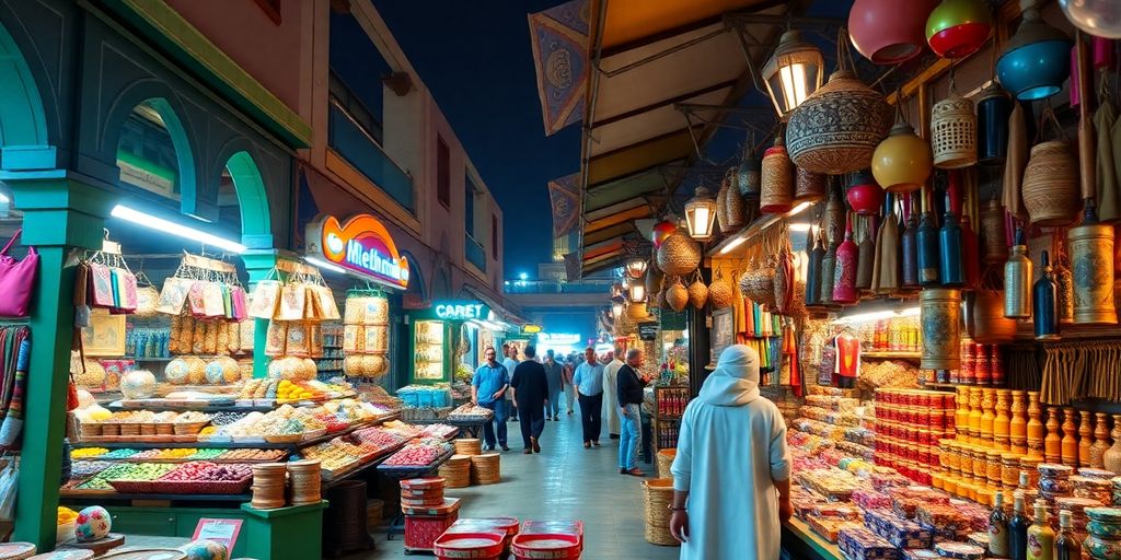 Colorful market in the UAE with diverse vendors and products.