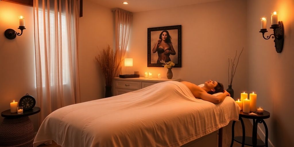 Erotik masaj ortamı, yumuşak ışık ve mumlar.