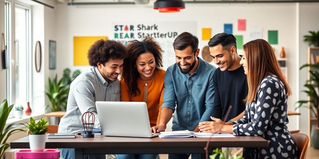 Diverse startup founders collaborating in a creative workspace.