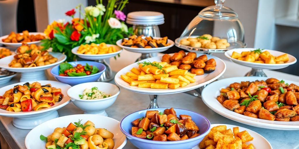 อาหารจัดเลี้ยงหลากหลายรูปแบบบนโต๊ะจัดงาน
