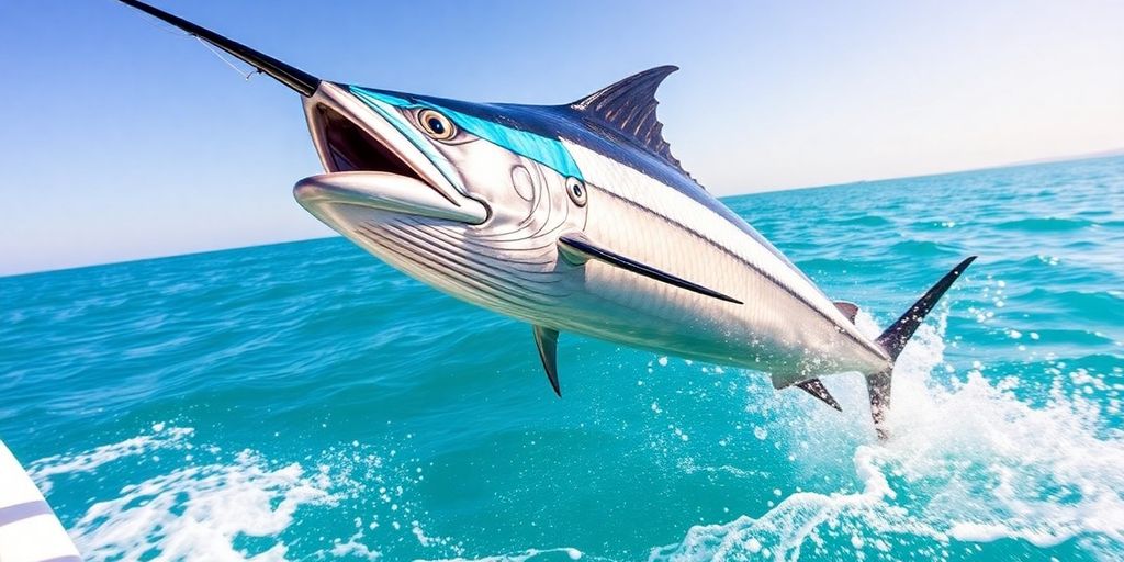 Angler reeling in a large marlin off Cabo San Lucas.