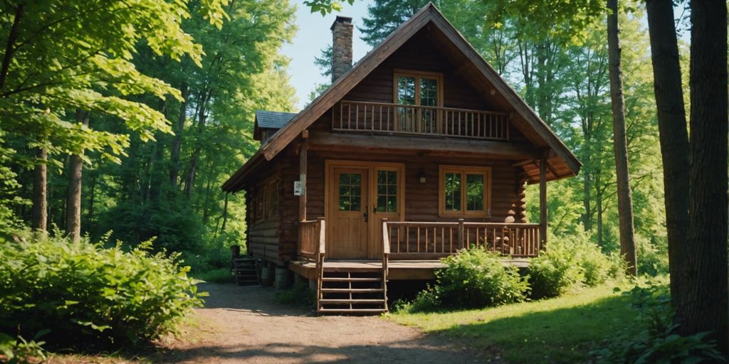 A well-maintained cabin in Hochatown surrounded by lush greenery and a clear blue sky.