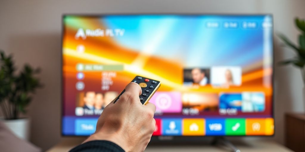 Télévision avec interface IPTV luxueuse et télécommande dorée.