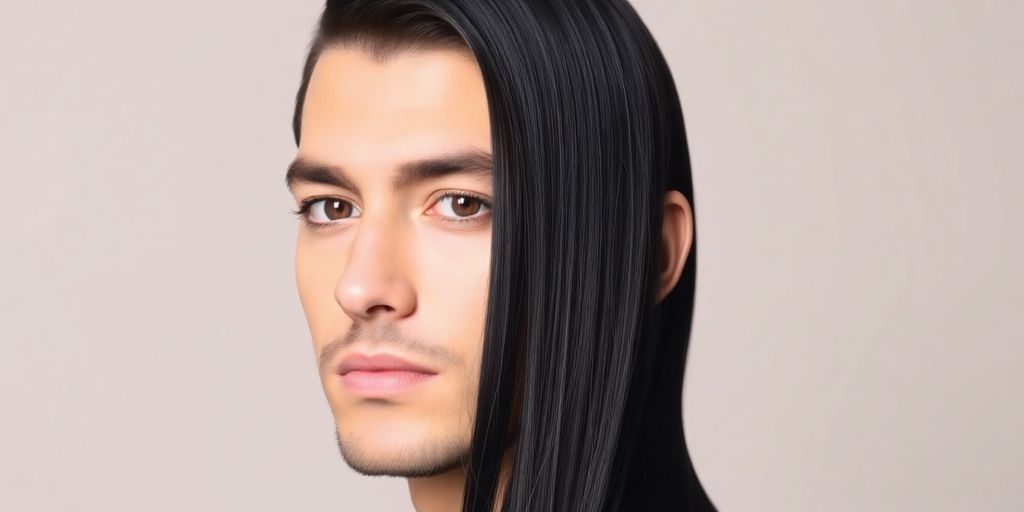 Man with long, sleek dark hair, neutral background.