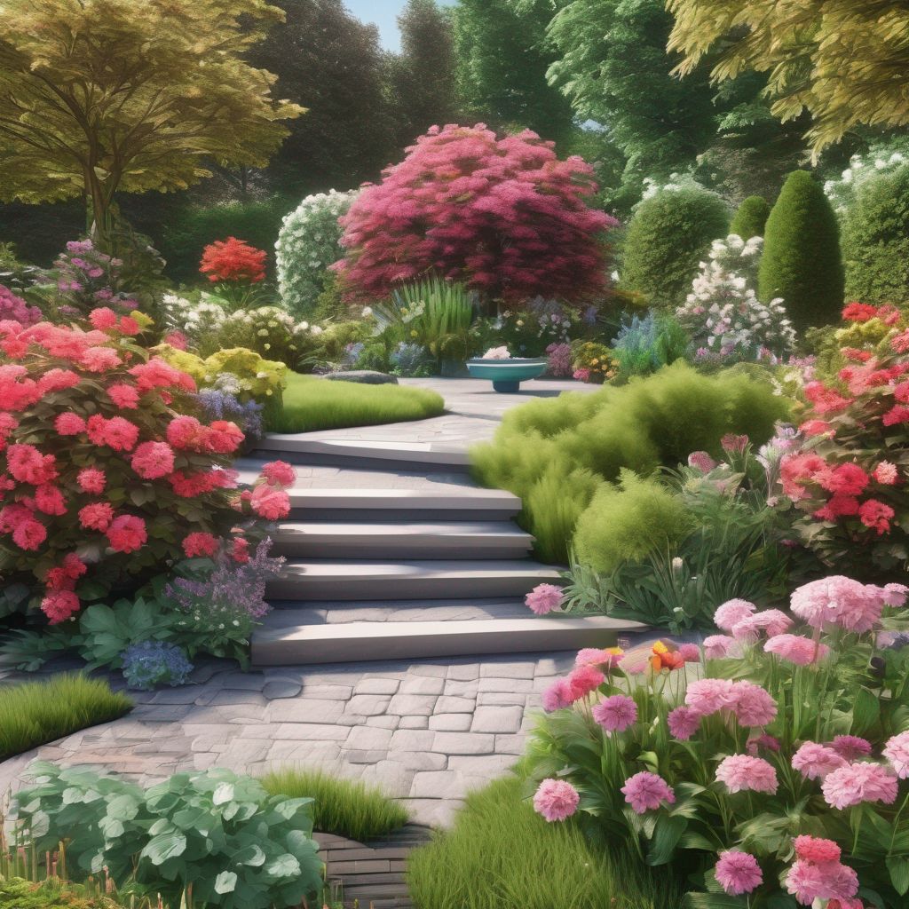 beautiful garden landscape design with seasonal flowers and maintenance tools