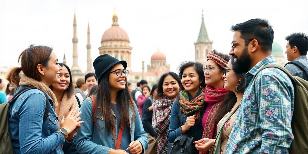 Tourists engaging with locals in a lively cultural setting.