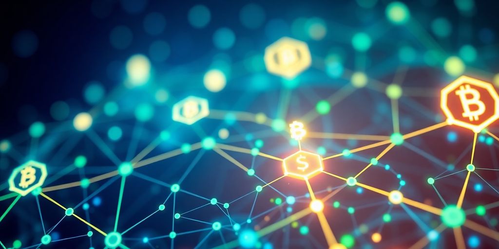 Digital landscape depicting blockchain and interconnected nodes.