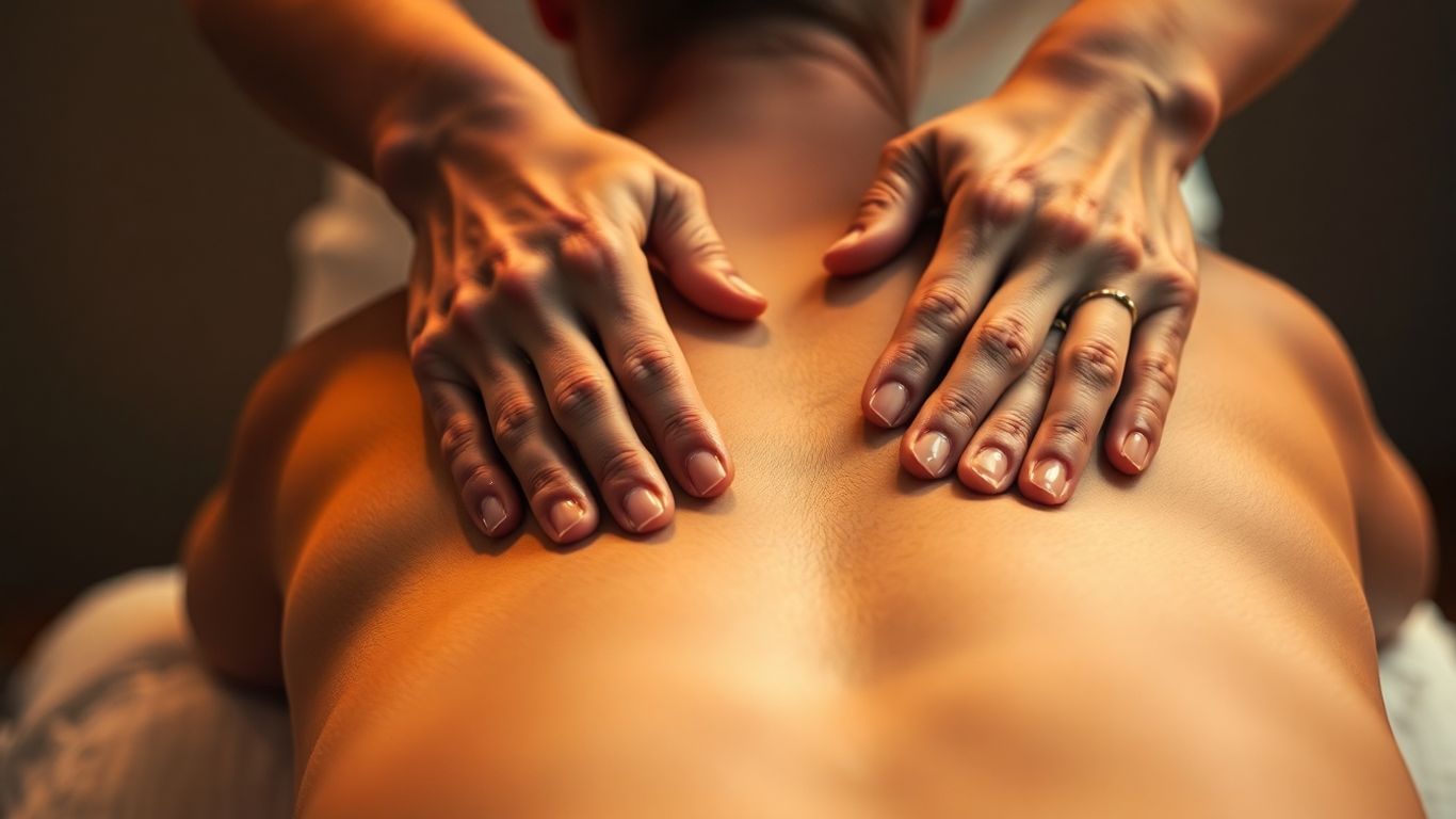 Mains massant un dos avec douceur et expertise.