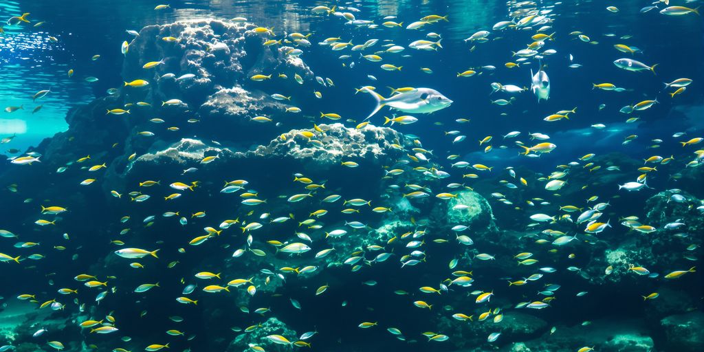 Vibrant coral reef teeming with colorful fish.