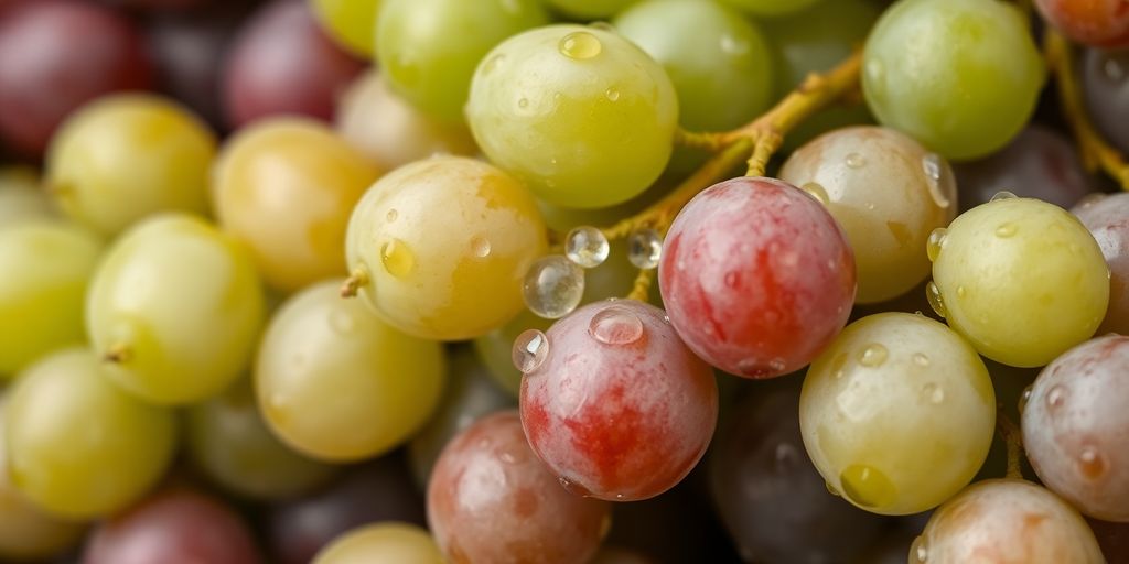 Fresh green and purple grapes with water droplets.