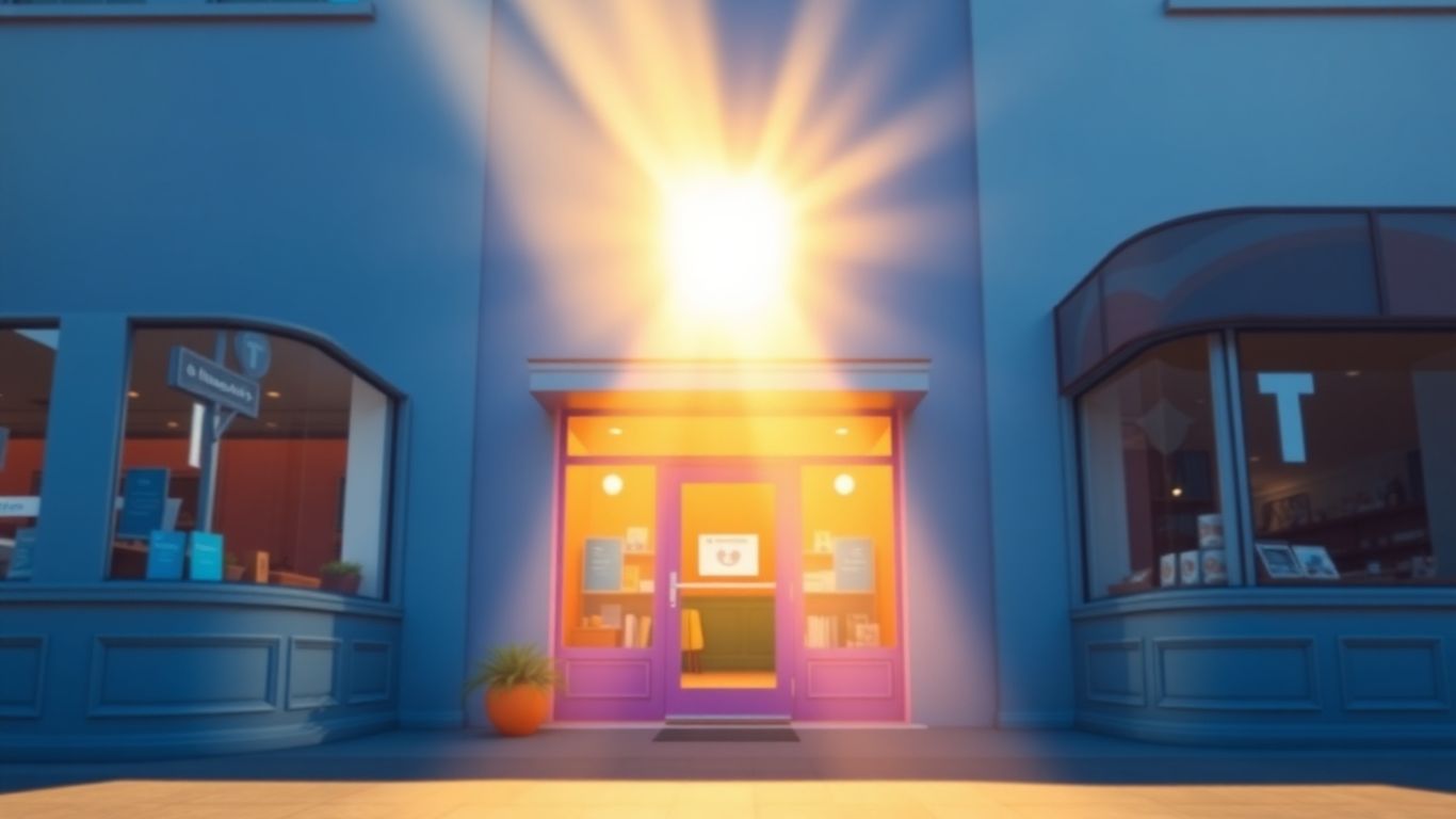 Small business storefront with a glowing social media icon above.