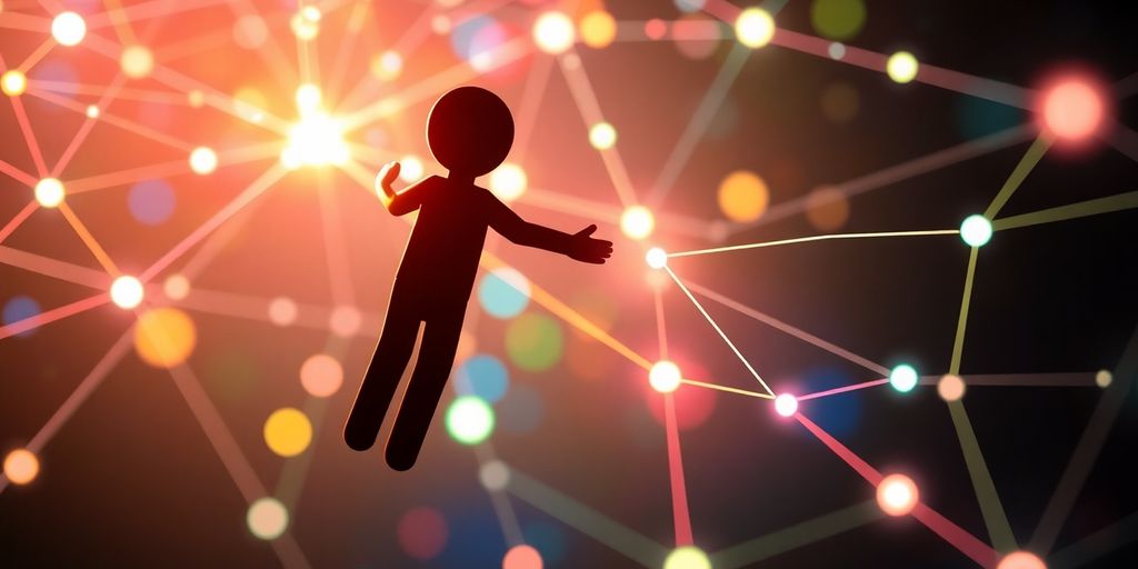 Person connecting with glowing digital network.