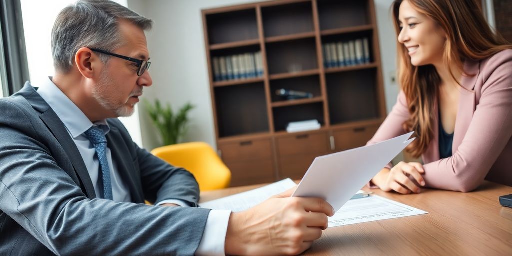 Lawyer consulting with client in professional office setting.