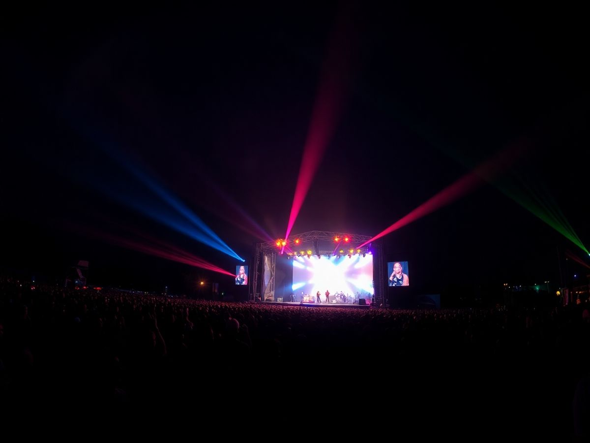 Scenă vibrantă cu artiști și lumini spectaculoase.