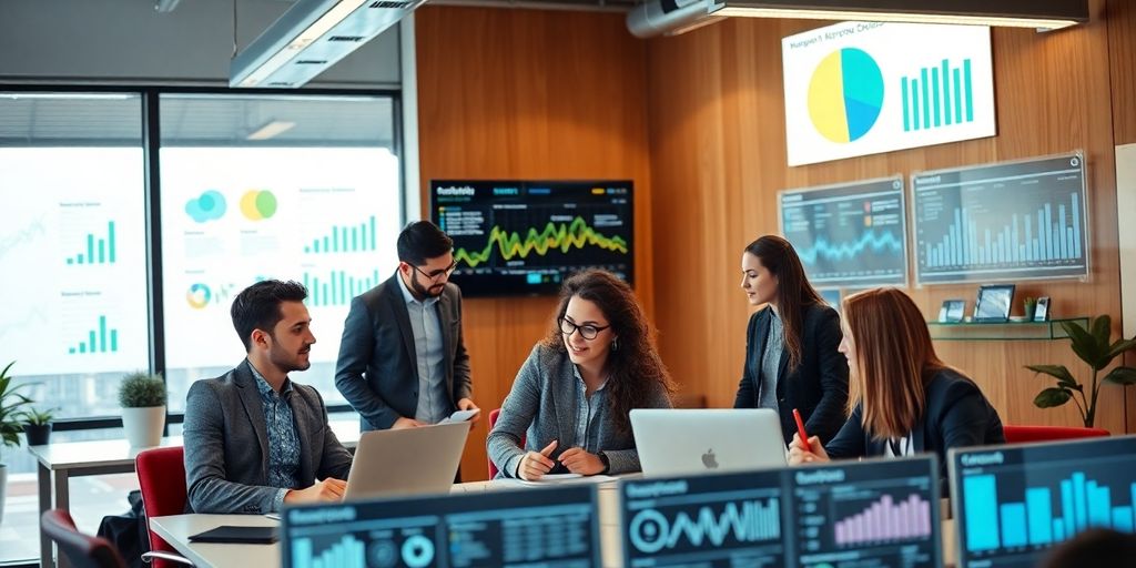 Profissionais de marketing digital em ambiente moderno.