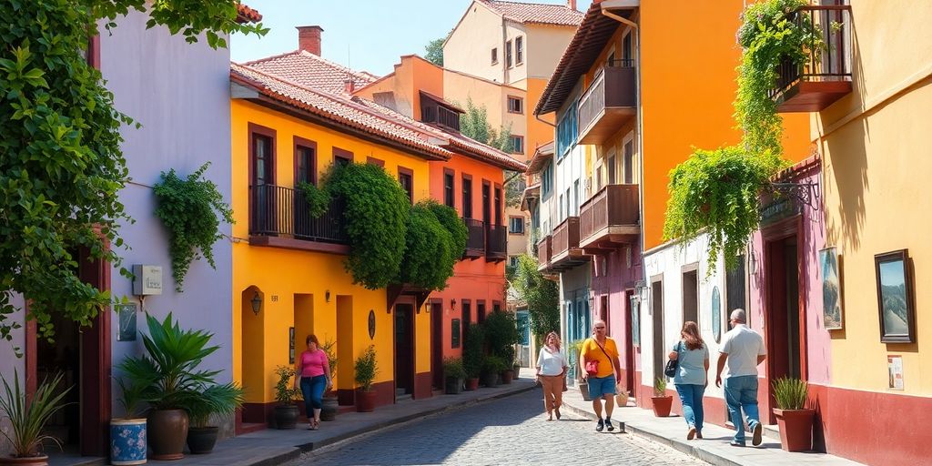 Miraflores village street with colorful buildings.