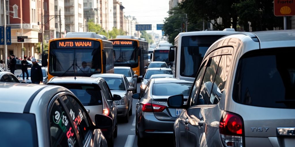 Carros e ônibus em uma rua movimentada