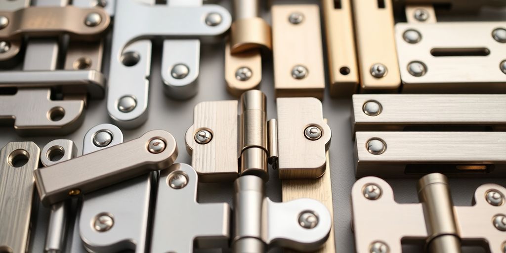 Different styles of cabinet hinges on a wooden surface.