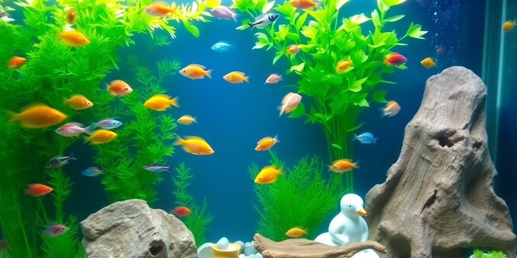 Tanque de peces de agua dulce colorido con plantas y decoraciones.