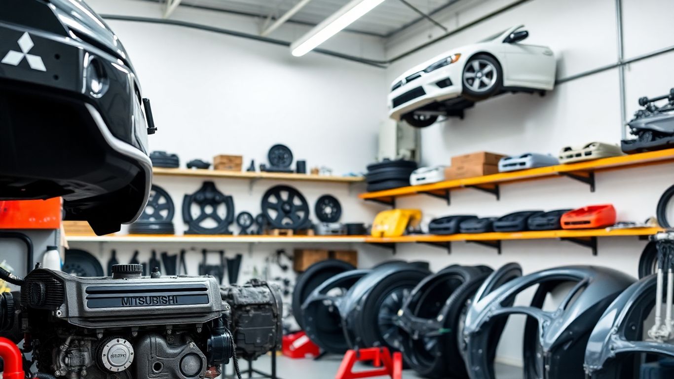 Genuine Mitsubishi car parts displayed in a workshop.