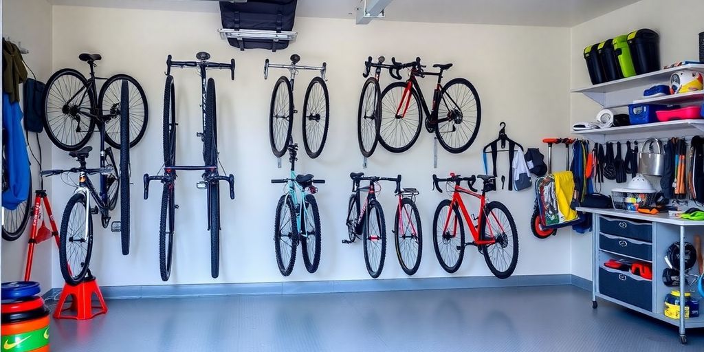 Bicycles stored on hooks in a neat garage.