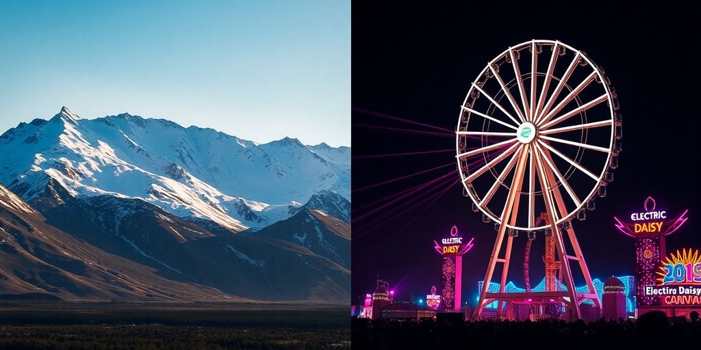 Alaskan mountains juxtaposed with Las Vegas festival lights at night.