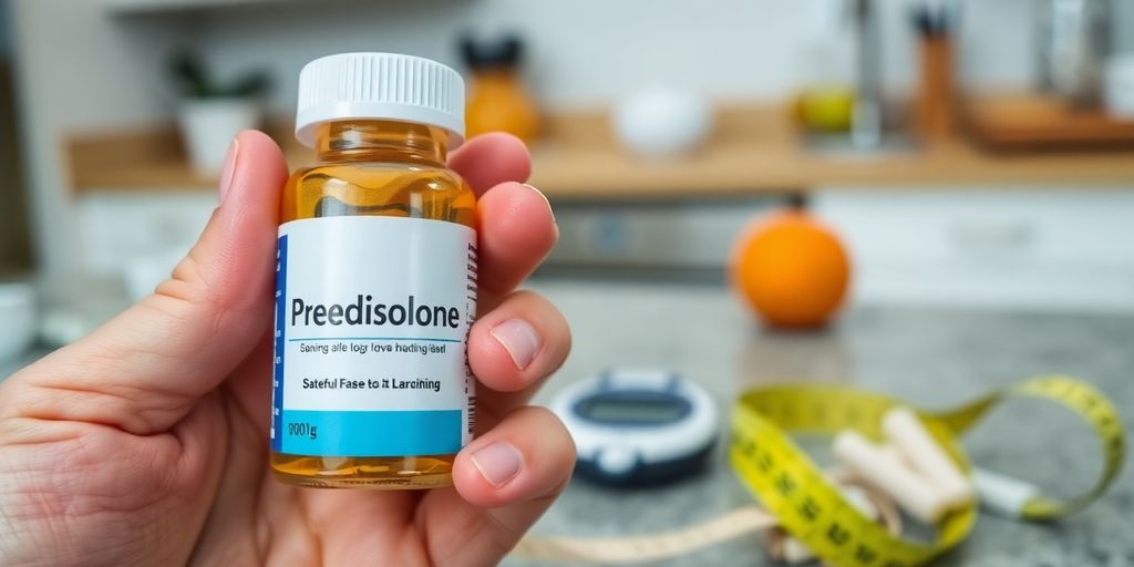 Hand holding Prednisolone bottle with glucose meter nearby.