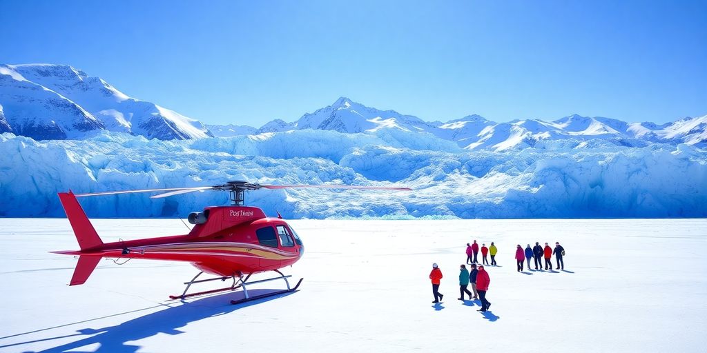 Helicopter landed on Mendenhall Glacier with tourists walking nearby.