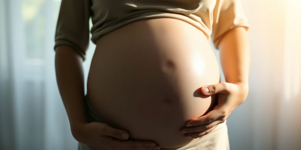 Mulher grávida serena, com luz suave.