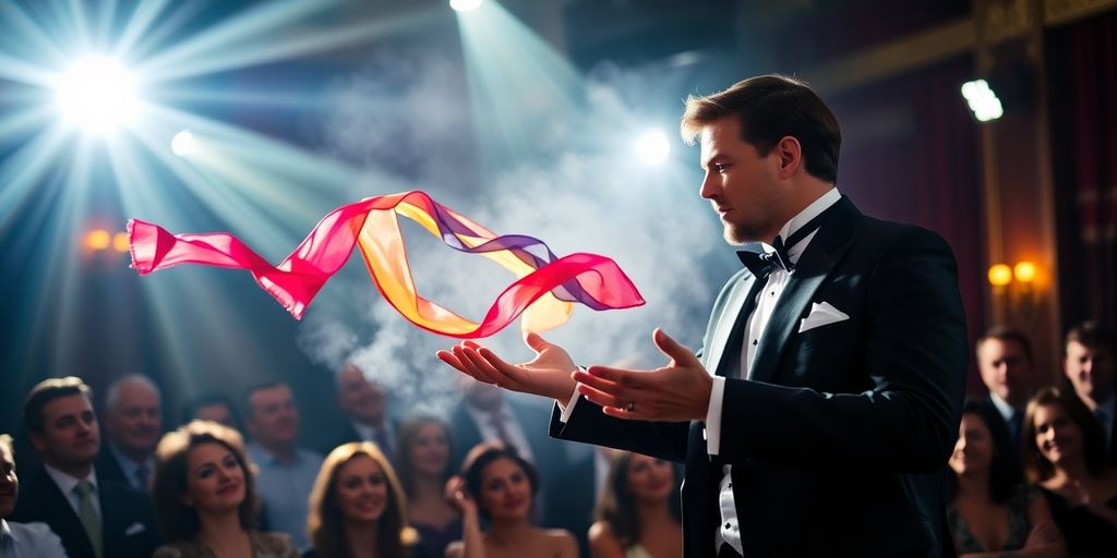 Magician performing an illusion with vibrant silk scarves.