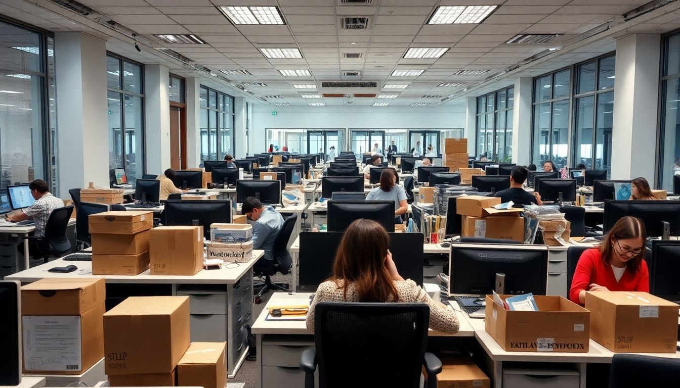 Employees packing belongings in a sparse office environment.