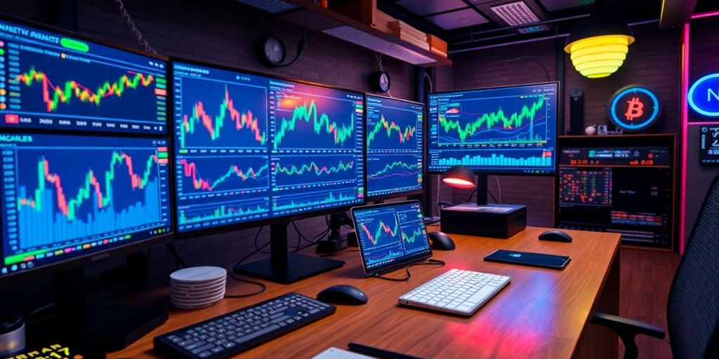 Digital workspace with cryptocurrency visuals and research tools.