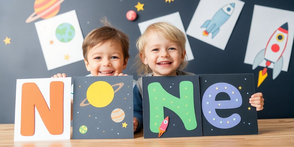 Children enjoying colorful space-themed name art prints.
