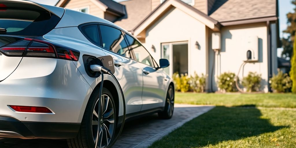 Electric car charging at a suburban home.