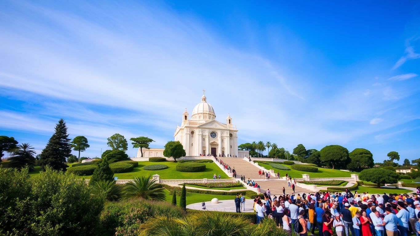 Sanctuary of Fatima with pilgrims and basilica in background.