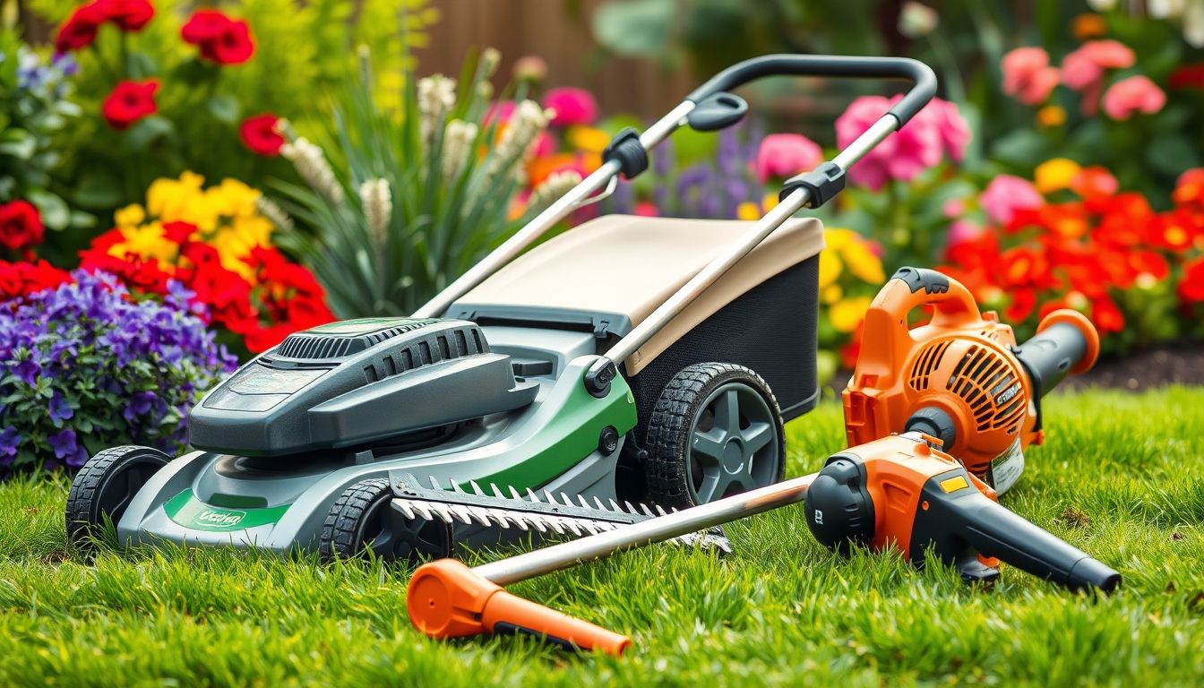 Illustrative garden tools in a vibrant garden setting.